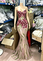 Robe de soirée sirène sans bretelles LM D289, col cœur, fleurs, sequins, broderie rose et verte, robe de cérémonie