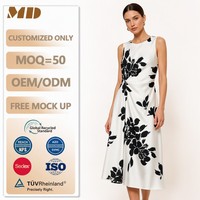 Robe midi sans manches à imprimé floral noir et blanc personnalisée, Robe de soirée d'été drapée à taille torsadée pour femme, Fabrication OEM, Usine de boutique