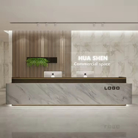 Comptoir de réception moderne avec logo personnalisé, effet marbre, base lumineuse LED, comptoir de caisse pour bureau d'entreprise, immeuble commercial