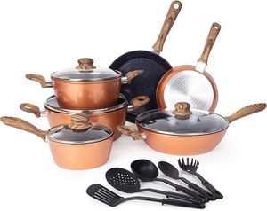 High Qualtity Cooking Pots& Pans Wooden Soft Touch <b>Handles</b> 15 Piece Ceramic Non-Stick <b>Copper</b> Cookware Set - Product Image 1