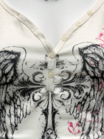 Haut ajusté à manches courtes col en V avec motif ailes d'ange et roses, style Y2K vintage, streetwear décontracté, vente en gros, personnalisable