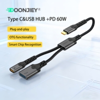 Câble adaptateur OTG avec gaine en nylon tressé pour l'extension des appareils téléphoniques et informatiques, USB Type-C vers hub USB, charge PD 60W