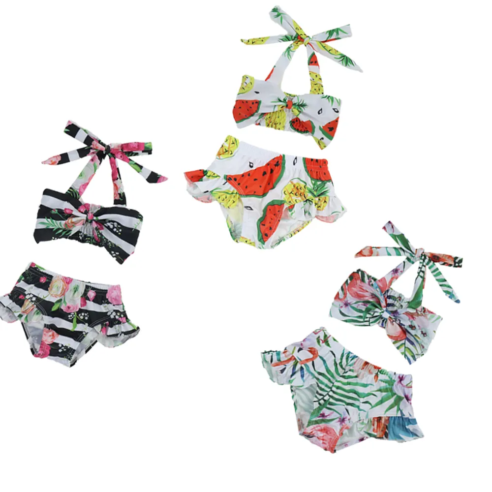 Fuyu Summer Maillot de bain deux pièces avec nœud pour fille Maillot de bain imprimé triangle à volants Maillot de bain bikini