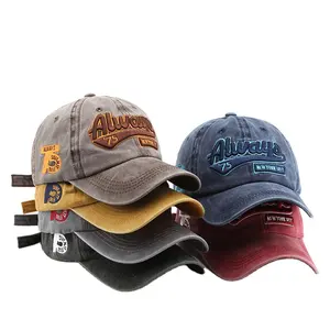 Popular Custom Washed Letter Embroidery Peaked Cap 6 Panel Hats Baseball Cap