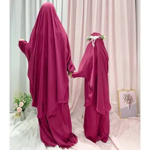 abaya islamic muslim dress kids Suppliers-Jilbab Mother Kids High Quality Ramadan Muslim Abaya EID New Islamic Clothing Prayer Dress Skirt Set Satin Two Piece Jilbab