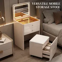 Meuble de Rangement Moderne à Miroir LED Rabattable avec 4 Tiroirs, Organisateur de Maquillage et d'Accessoires Haut de Gamme pour Salon