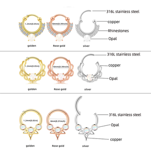 Anneau de septum <span class=keywords><strong>clicker</strong></span> multi-styles en acier chirurgical 316L 16G avec opale et zircon cubique, hypoallergénique, pour piercing nasal - Product Image 2