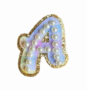 Custom 2.35 inches Rainbow Gingham Pearl Patches Glitter Letter Sticker Iron On Patch for Pouch