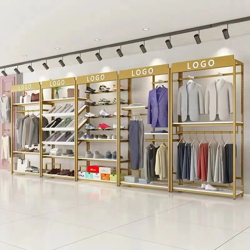 Negozio di abbigliamento LOGO personalizzato porta abiti scaffale porta abiti dorato espositori per negozio di abbigliamento