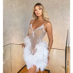 High-Quality Happy Holiday Elegant Women Sexy Mini Feather Pearl Sequin Club Prom Party Evening Dance Dress