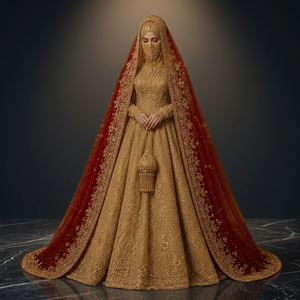Robe de mariée en soie brodée dorée, style princesse, col montant, manches longues, longueur ras du sol, traîne cathédrale, style classique, soutien-gorge intégré - Product Image 2