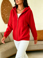 Nouvelle Collection Automne/Hiver 2026 – Cardigan en Maille Décontracté à Capuche Zippé Couleur Unie pour Femme, 100% Polyester