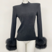 Pull en cachemire tricoté pour femme, coupe ajustée, col roulé, avec deux rangées de poignets en vraie fourrure de renard, mode automne-hiver
