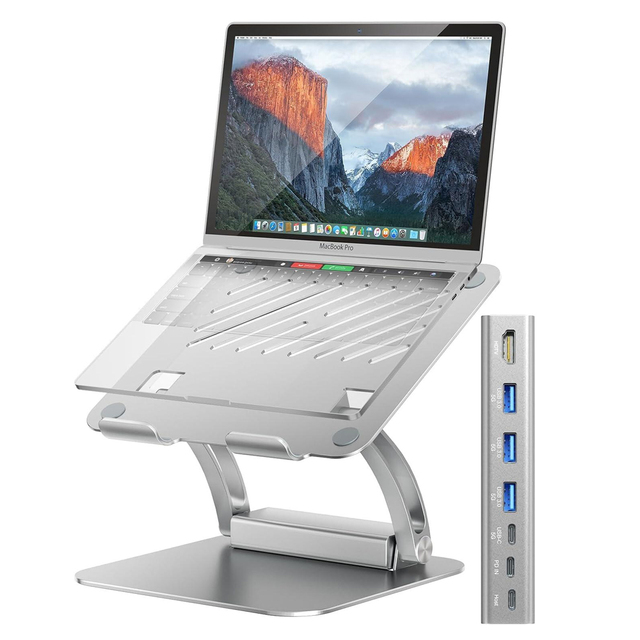Laptop Stand with Detachable USB-C Hub, 100W PD Charging, 4K 60Hz HDTV, 3 USB Ports, Ergonomic Laptop Holder Docking Station