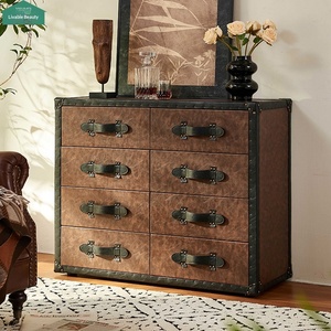 Cassettiera <span class=keywords><strong>in</strong></span> Vera Pelle Cerata Stile Americano Retrò, Mobile Contenitore da Parete Vintage Francese per Camera da Letto e Soggiorno, per Villa - Product Image 1