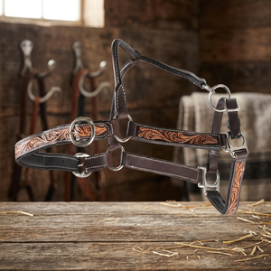 Licou de cheval en cuir véritable usiné à la main à motif western en relief floral personnalisé avec quincaillerie en nickel entièrement réglable - Product Image 1