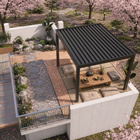 Pergola de jardin de luxe écologique motorisée bioclimatique en aluminium thermolaqué, pavillon permanent à toit rigide avec rideau