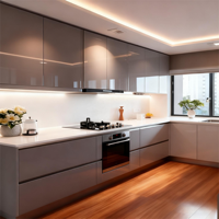 Meubles de cuisine ALVIN en forme de L, finition brillante, gris clair, avec étagère à vin LED, comptoir en marbre, armoire de rangement en gros