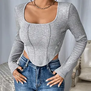 Neues Produkt Explosion Herbst Winter Langarm T-Shirt solide grau modische gestrickte Crop Tops für Frauen