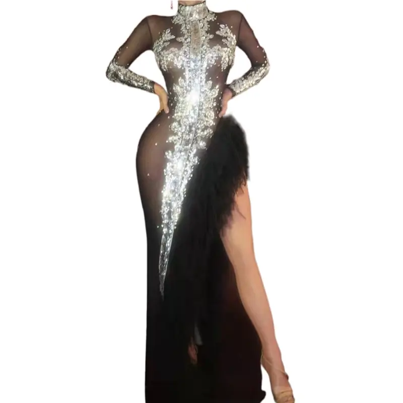 Sexy Black See Through Mesh Crystal Sequins Wedding Party Dress Performance Wear High Slit Evening Gown Women Club Prom Dresses