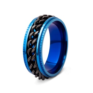 Anillo Giratorio de Acero Inoxidable 316L de 8MM, Anillo Unisex Antiestrés Negro/Azul/Plateado, Anillo Giratorio con Eslabones Cubanos Entrelazados/Cadena Doble - Product Image 6