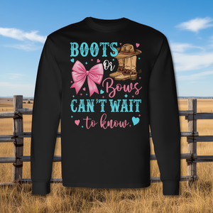 Boots Or Bows Cant Wait To Know Western Gender Reveal Party T-shirt à manches longues - Product Image 3