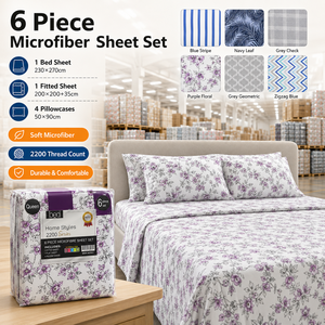Set di <span class=keywords><strong>lenzuola</strong></span> matrimoniali (King Size) da 6 pezzi con lenzuolo con angoli profondi e 4 federe, in microfibra stampata - Ingrosso - Product Image 1
