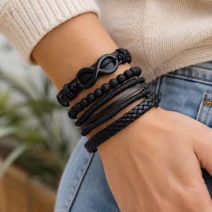 Vintage Unisex Women Men Black Bead PU Leather Trendy Feather <b>Crystal</b> Rhinestone Hollow Triangle Multi Layer Engagement <b>Bracelet</b> - Product Image 5
