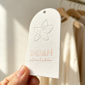 Luxury Emboss Debossed Logo Swing Tag Custom Printed Rose <b>Gold</b> Hot Stamping 700g Grain Wood Paper <b>Clothes</b> Hang Tag With QR Code - Product Image 4
