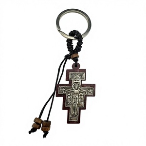 Handcrafted Wooden Cross Keychain with Engraved Metal Religious Figure and Durable Eco-Friendly Wooden Beads