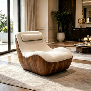 Fauteuil lounge en fibre <span class=keywords><strong>de</strong></span> verre <span class=keywords><strong>de</strong></span> style mid-century avec base finition grain <span class=keywords><strong>de</strong></span> bois et revêtement en tissu crème pour un style moderne - Product Image 3
