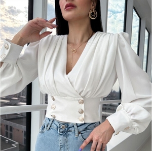 Camicia da <span class=keywords><strong>donna</strong></span> europea e americana con scollo a V Sexy a maniche lunghe - Product Image 5