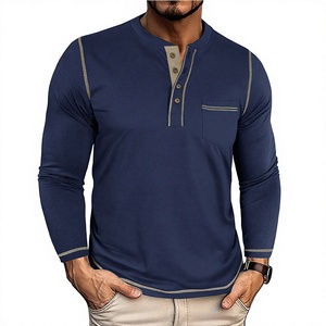 Camiseta de Manga Larga con Cuello Redondo Estilo Europeo Americano para Hombre, Otoño/Invierno, Vintage, con Bolsillo Henry, Mezcla de Algodón Transpirable - Product Image 1