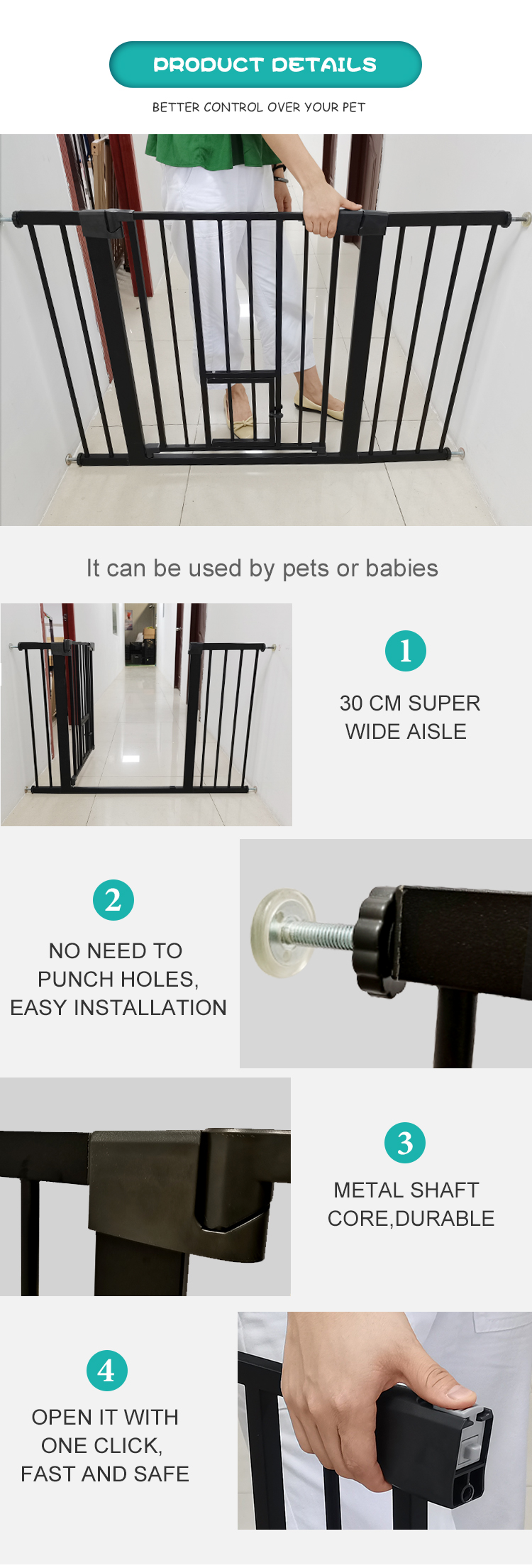 High Quality Wide Pet Gate Metal ABS Material Durable Gates For Dogs Indoor Strong Retractable Pet Gate Safety PG-01