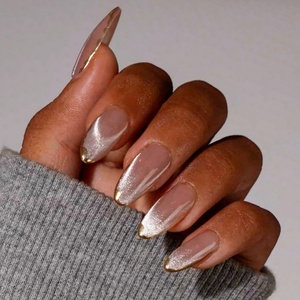 Kit de faux ongles en gel souple de qualité supérieure, forme amande moyenne, effet œil de chat marron, personnalisable, style français, à presser, vente en gros - Product Image 1
