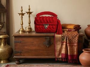 Bolso Rojo Trenzado Hecho a Mano, Estilo Bohemio Étnico, con Dos Correas de Perlas, Bolso de Hombro Boho, Tejido con Cordón de Algodón - Product Image 4