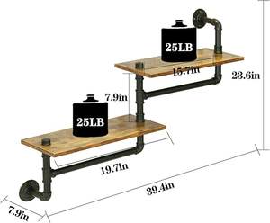 מדפי אמבטיה בסגנון כפרי, מדפי צינורות תעשייתיים, מדף ספרים דו-קומתי תלוי על הקיר, ספריית ספרים בסגנון כפרי עם מוטות - Product Image 6