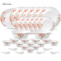 33-teiliges Opalglas-Geschirrset mit Blumendekor und Wellenrand, weiße Glasplatten, Schüsseln, Löffel-Set für den täglichen Familiengebrauch und Partys.
