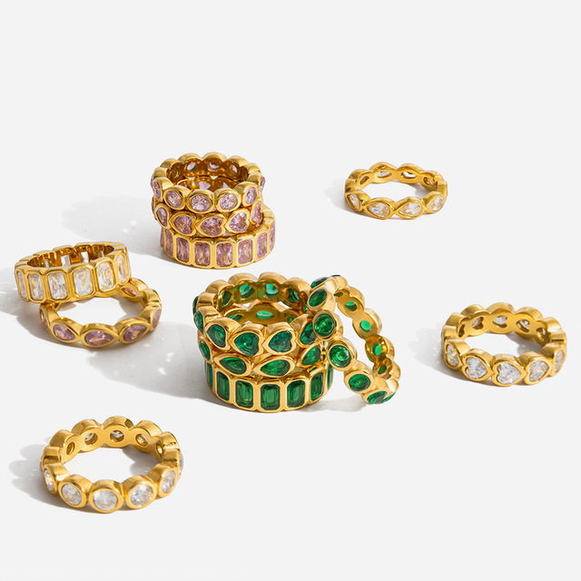 Classic Style Pink Green Zircon Light Luxury Gold Plated Geometric Shape Stainless Steel Ring Niche High-end Women's