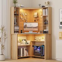 Bureau d'angle simple avec étagères, éclairage LED de lecture, 2 prises CA, port de charge USB Type-C, en bois d'ingénierie