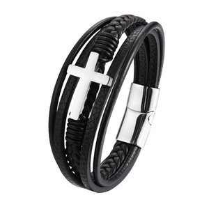 <b>Men</b> Braided Cross Jewelry Stainless Steel Black Leather Bracelet Man's Hot-sale Leather <b>Bangle</b> - Product Image 1