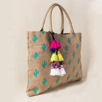 Sac d'été en lin imperméable avec pompon pour femme, sacoche de plage, de Shopping à bandoulière, en JUTE, fourre-tout avec pompon