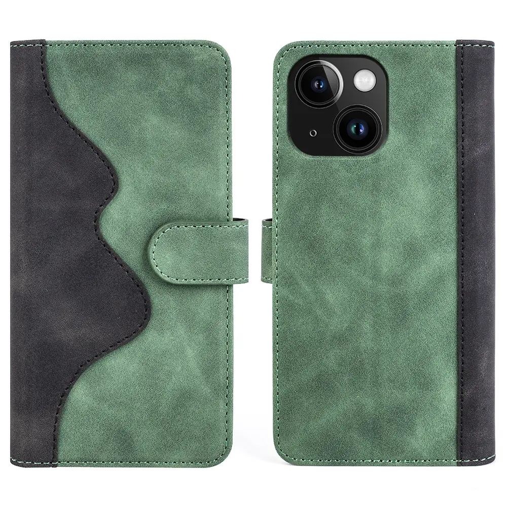 Produk baru 2023 untuk iPhone 15 Plus Pro Max sarung ponsel dompet kulit PU gesper magnet sambungan warna ganda tahan jatuh