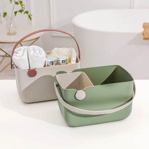 Storage Basket Rectangle With Handles Color Blocking Green And Beige PP Material For Bathroom Storage - Product Image 4