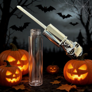 ISMAN Tubo de Brillo Labial con Diseño de Calavera Único para Halloween, 3ml 5ml, con Brocha Grande, Envase de Lápiz Labial con Tapa de Esqueleto, Embalaje Dorado, Plateado y Negro - Product Image 3