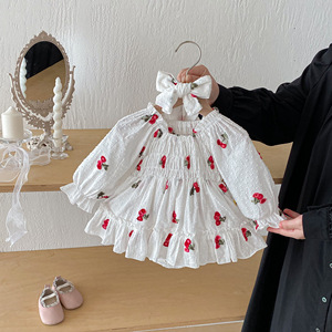 R1015 Vestito con Stampa Ciliegie Rosse per Neonata, Abito con Volant per Bambina, Tutina Principessa, Vendita all'Ingrosso - Product Image 1