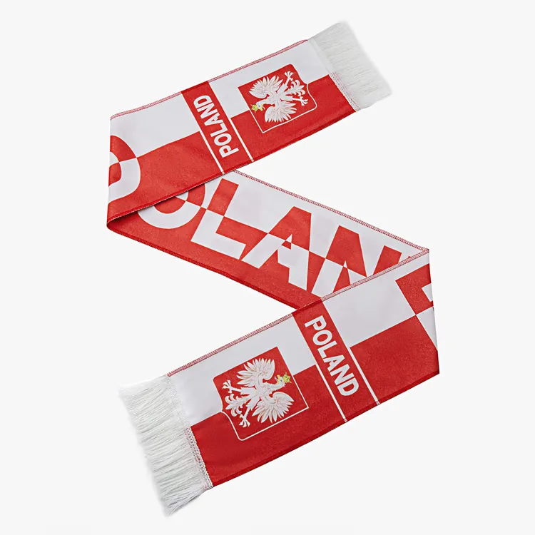 卸売無料サンプルカスタムプリント100% ポリエステル高品質ファッショントレンドワードカップサッカーファンスカーフ