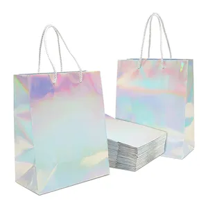 Luxury shiny laser clothes gift bags packing Holographic iridescent shopping special paper bags with rope handle