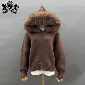 Cardigan en tricot doux JANEFUR, confortable, chaud pour l'hiver, décontracté, luxueux, surdimensionné, <span class=keywords><strong>pull</strong></span> pour <span class=keywords><strong>femme</strong></span> avec capuche en vraie fourrure de renard - Product Image 4