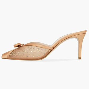 Zapatos de Tacón Alto para Mujer, Talla Grande 45, con Lazo y Diamantes Brillantes, Sandalias de Tacón Fino con Pedrería, Mules de Malla para Vestir - Product Image 1